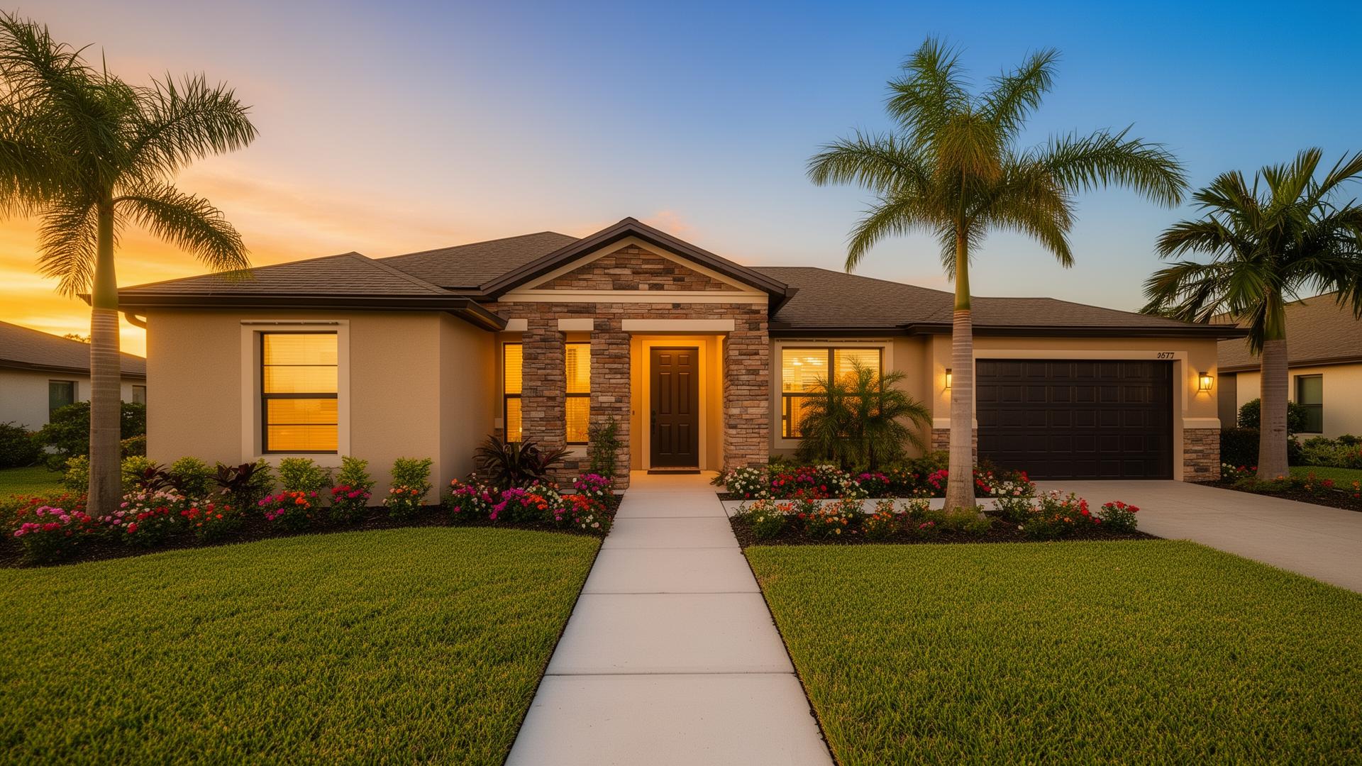 First-person view walking through the open front door of a luxury Central Florida home at golden hour